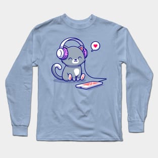 Cute Cat Listening Music With Headphone Cartoon Long Sleeve T-Shirt